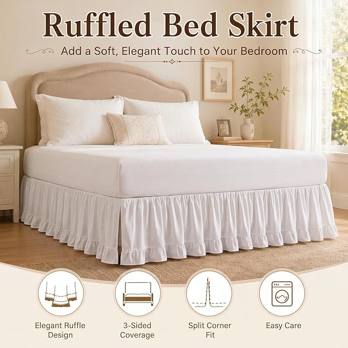 White Ruffled Queen Bed Skirt, 14 Inch Drop, Split Corners, Boho | Fits 60 x 80 in Queen Beds; 3 Sided Coverage; Machine Washable Polyester for Farmhouse, Cottage and Boho Bedrooms.