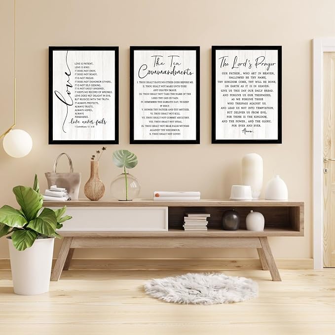 Vintage Rustic Bible Verse Framed Wall Art Set of 3, 11''×16'' Positive Religious Christian Quotes Saying Sign for God Jesus Christ Prayer, Cottagecore Holy Inspirational Catholic Scripture Decor