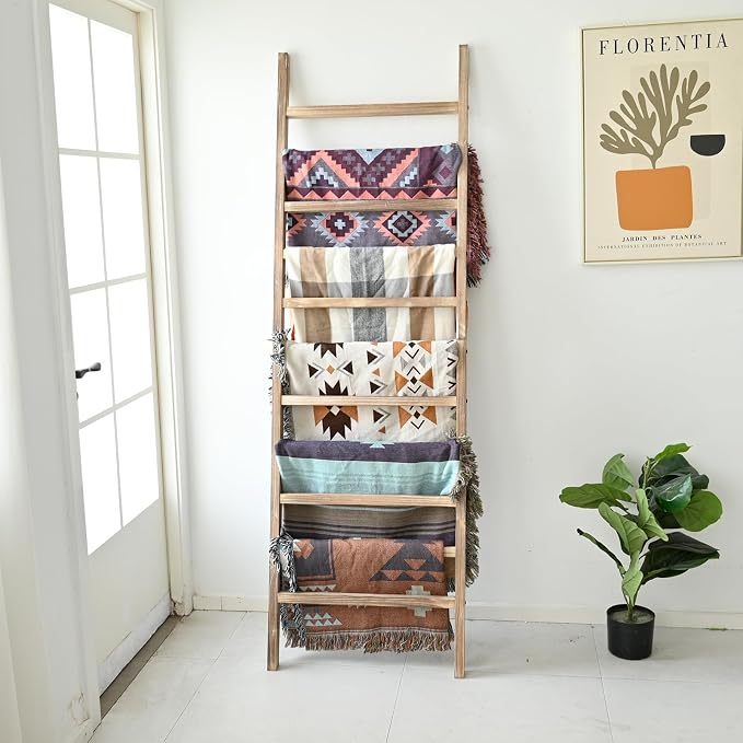 FUIN Blanket Ladder, 24 in Wide 11-Rung Wood Rustic Decor Rack | 11 rungs and 24in wide, Solid wood visible grain, Angled lean-to design, Anti-slip support, Living room and bathroom use