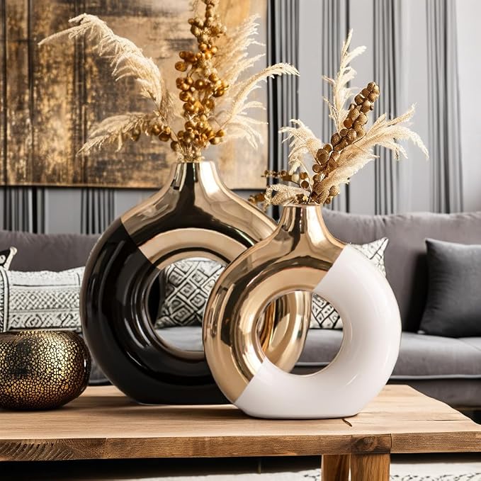 White and Gold Donut Vase, Modern Ceramic Vase for Pampas Grass, Perfect Centerpiece for Weddings, Living Room, and Office Decor (Black Gold, L)
