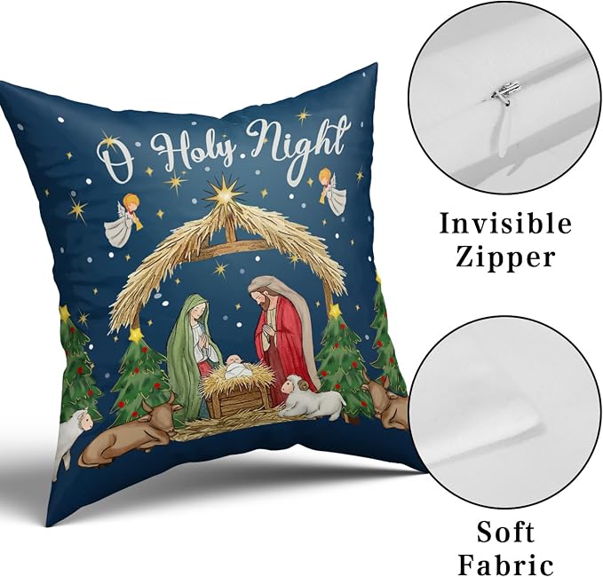 Giwawa Christmas Pillow Covers Pack of 2 20x20 Inch O Holy Night Jesus Nativity Decorative Throw Pillow Cases Xmas Blue Winter Holiday Cotton Soft Cushion Covers for Sofa Couch Patio Season