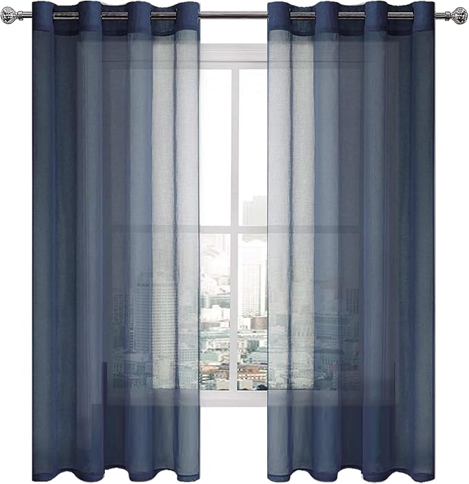 DWCN Navy Blue Faux Linen Sheer Curtains - Grommet Voile Window Curtain Drapes for Bedroom Living Room 52 x 72 inches Long, Set of 2