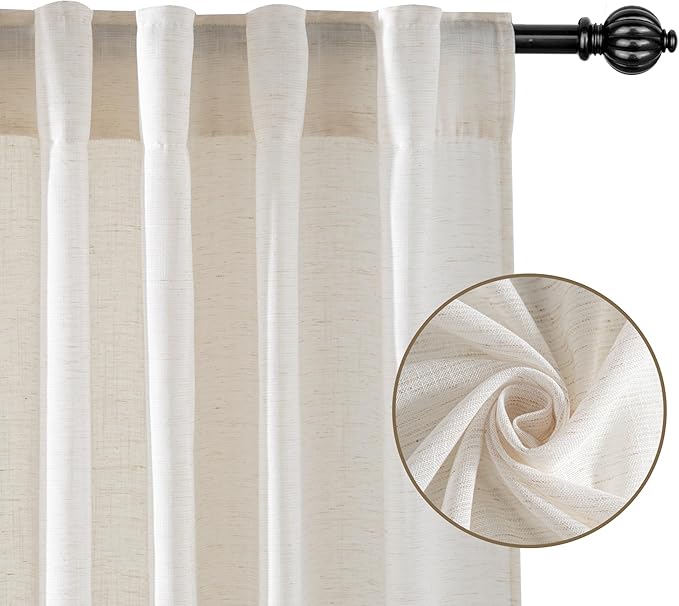 RYB HOME Sheer Curtains 108 inches, Extra Long Floor to Ceiling Curtains | Light Filtering Privacy, Faux Linen Fabric, Living Room Bedroom Sliding Glass Door, Back Tab, W52 x L108, 2 Panels, Ivory