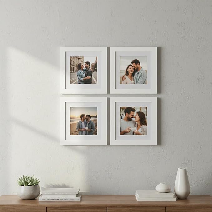 Boarding 8x8 Picture Frames White,5x5 Mat,Tempered glass,Engineered Wood