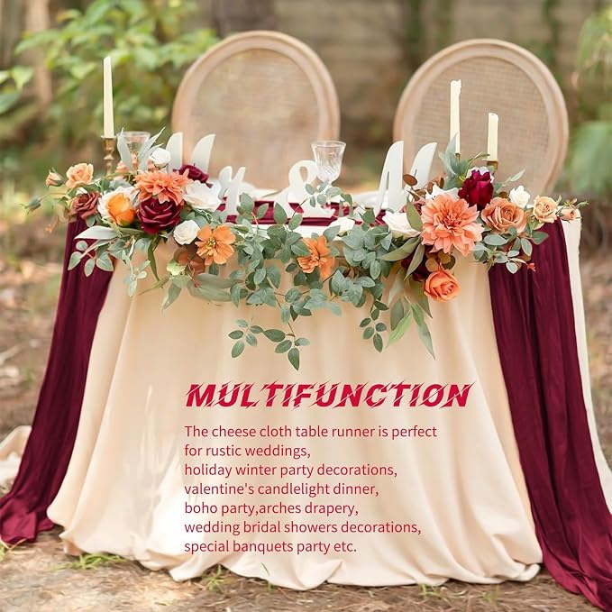10 Pack Burgundy Cheesecloth Table Runner 17x108 Inch Boho Gauze Cheese Cloth Table Runners for Wedding Party Baby Shower Birthday Home Decor