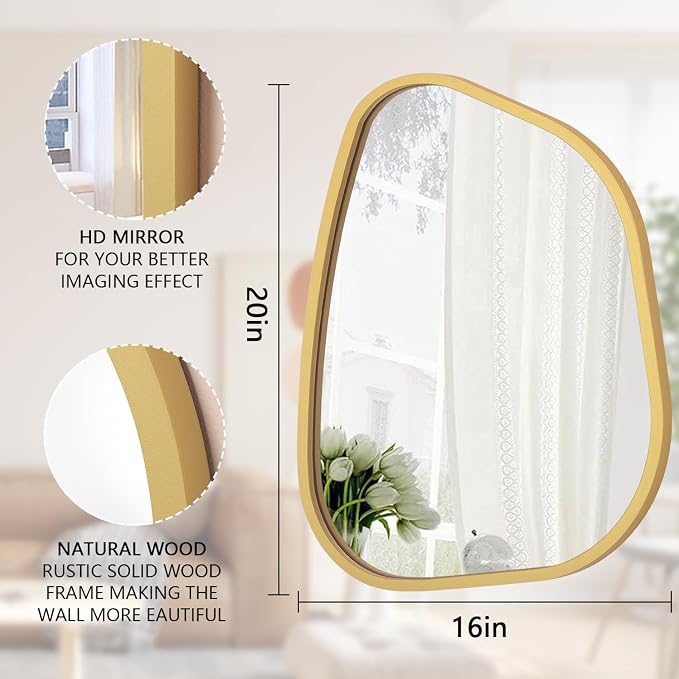 Gold Asymmetrical Mirror Large 20"x16" Irregular Oval Wall Mirror Modern Wood Frame Unique Shape Wall Mounted Vanity Artistic Mirror Decorative for Living Room Bedroom Bathroom Entryway