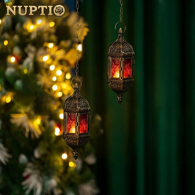6 Pcs Hanging Hexagon Decorative Moroccan Candle Lantern Holders, Handmade Hanging Tea Light Holder in Bronze Metal & Red & Purple Glass Gift & Decor Items