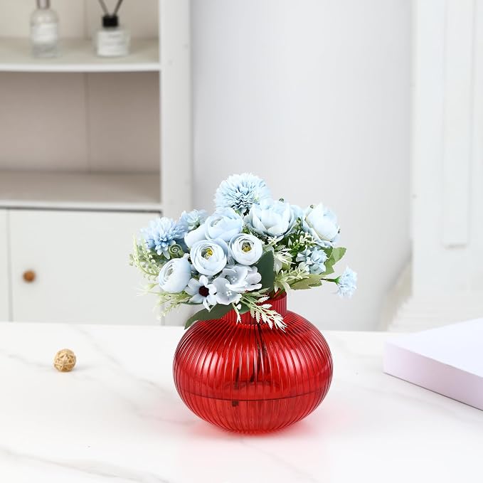 Red Glass Vase, Flower Vases for Bouquet, Ribbed Glass Vases for Flowers, Small Red Vase for Living Room, Office, Coffee Table, Shelf, Wedding, 6 Inches