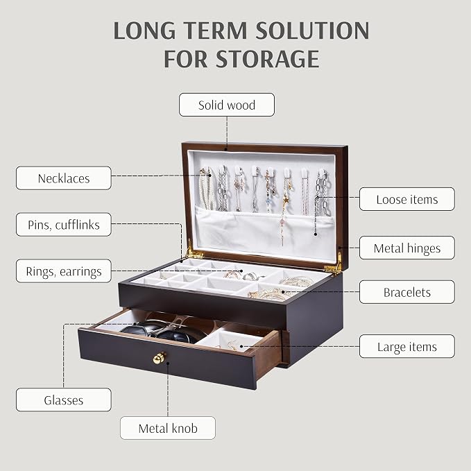 Wooden Jewelry Box with Drawer, 2-Layer Organizer, ek15-m-dark | Medium Size, Real Natural Solid Wood, Vintage Style Case with Earring Storage, Ring Compartments, and Necklace Hooks