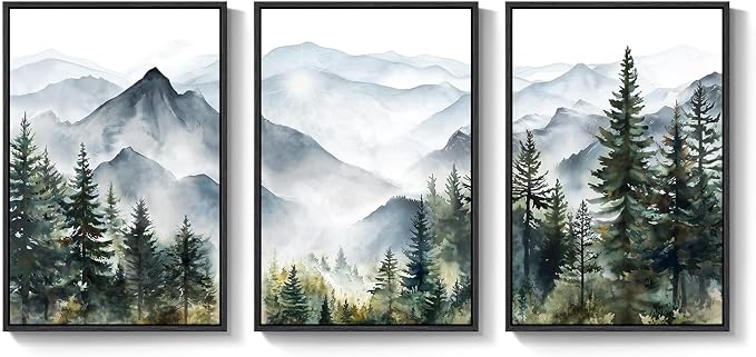 Framed Landscape Wall Art Bedroom, Mountain Forest Canvas Print, 16x24 Inch | 3 piece, Modern, Minimalist, Large, Nature, Green, Foggy scenery, Living room decor, Hallway art, Ready to hang, Wood frame