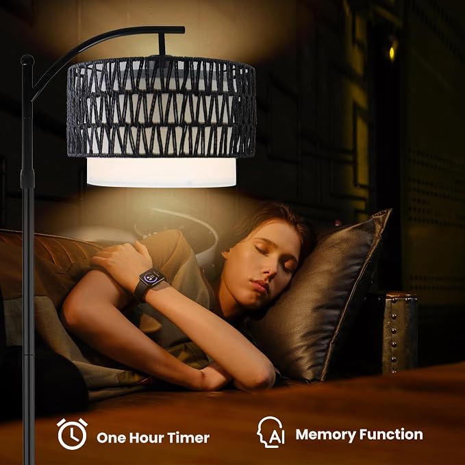 Yusist Arc Floor Lamp for Living Room,Farmhouse Floor Lamps with Remote Control & Dimmable Bulb,Black Rattan Boho Tall Standing Lamp for Bedroom Office