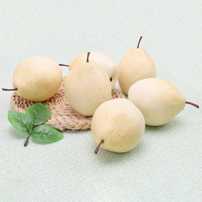 6 Pack Artificial White Pears, Fake Fruit for Fruit Bowl Decor
