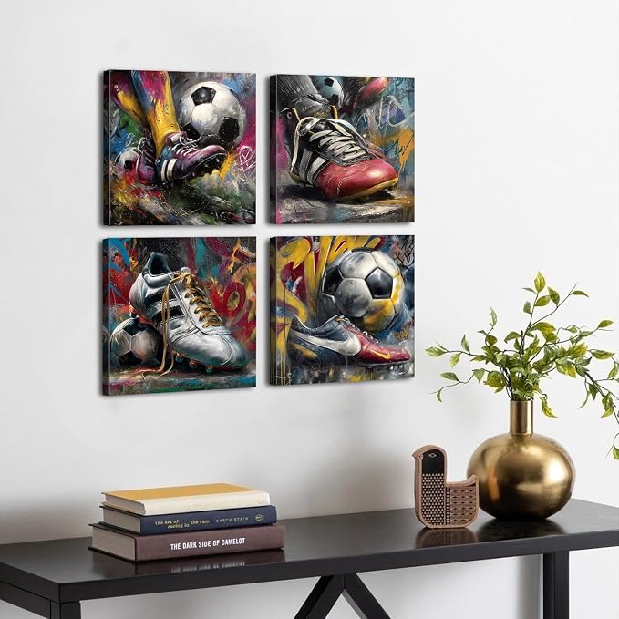 Vintage Soccer Wall Art for Boys Room Graffiti Sports Picture Wall Decor Colorful Sneaker Football Canvas Prints Kids Toddler Playroom Rustic Modern Abstract Artwork Home Decorations 12x12" 4 Pieces
