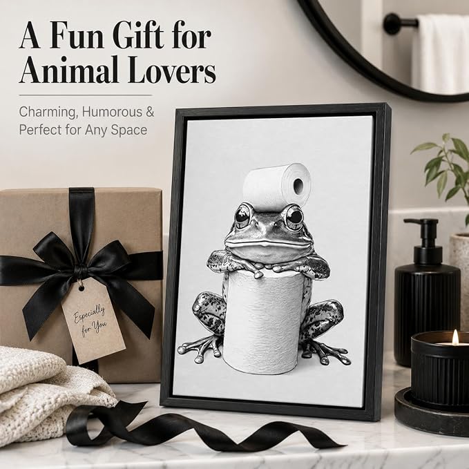 Framed Funny Bathroom Wall Art, Frog Toilet Paper Canvas Print, Minimalist Black and White Humor Bathroom Animal Decor for Restroom Toilet 12x16in
