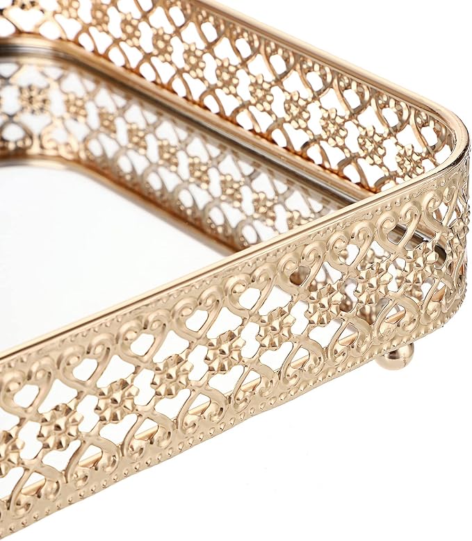 ELLDOO Gold Mirror Glass Perfume & Makeup Vanity Tray, Medium Size