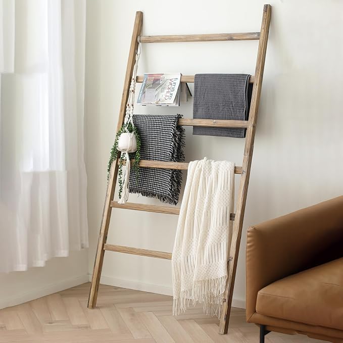 FUIN Blanket Ladder, 38in Extra Wide Wooden Rustic Decor Rack, Burnt Brown | 6.4 ft high solid wood, farmhouse quilt display ladders, organize blankets, leaning wall, bathroom and living room use