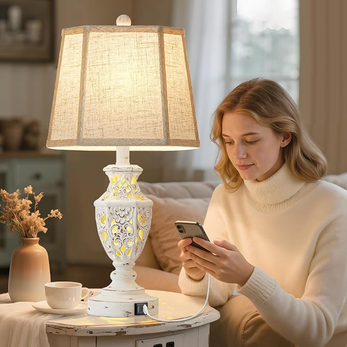 EJIAXIN Lamps for Night Stands Set of 2-23.5" Boho Bedside Lamp with USB A+C and Nightlight - Cream Rustic Carved Resin Farmhouse Table Lamp for Bedrooms, End Tables, Living Room, Bulbs Included
