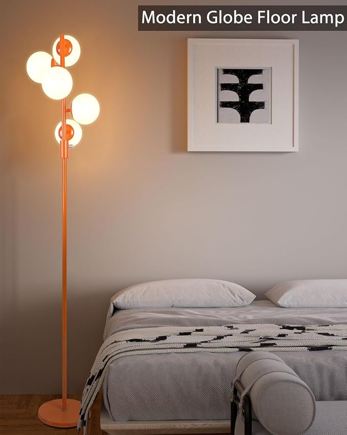 64IN Dimmable Orange Floor Lamp, Tall Standing Lamps with 5 Globe Soft Warm White Eye Care 3000K G9 Bulbs, Mid Century Modern Floor Lamp with 5Lbs Heavy Base for Living Room Bedroom Office