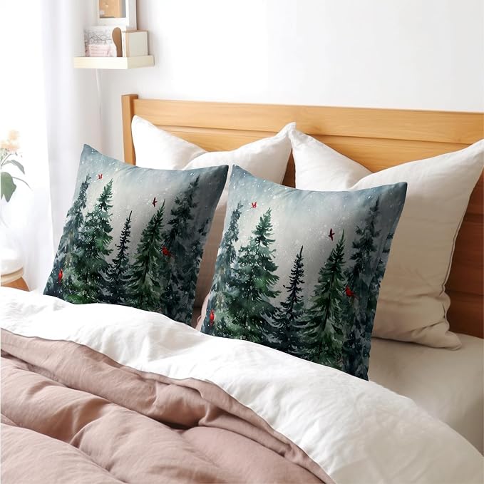 Green Tree Throw Pillow Covers Winter Snowy Forest Pillowcase 18x18 inch 2 PCS Nature Landscape Red Bird Decorative Cushion Cover for Home Patio Sofa Bedroom