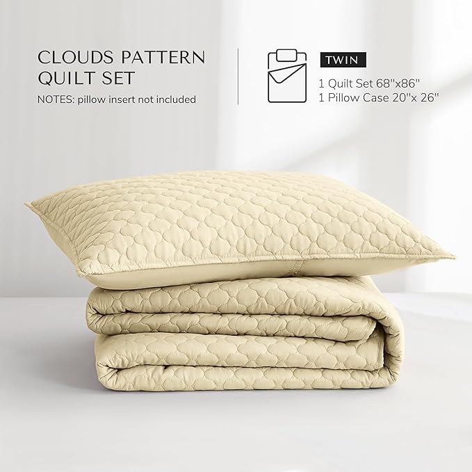 HORIMOTE HOME Quilt Twin Size Light Yellow, Lightweight Quilt for Summer Ultra-Soft Microfiber Modern Style Quilted Clouds Pattern Bedspread Quit Set 2 Pieces (1 Quilt and 1 Pillow Sham)