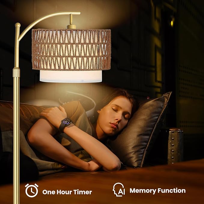Yusist Arc Floor Lamp for Living Room,Gold Floor Lamps with Remote Control & Dimmable Bulb,Rattan Boho Tall Standing Lamp for Bedroom Office