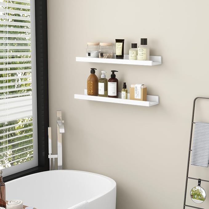 FLYJOE Picture Ledge Shelf for Wall, 24 inch Solid Ash Wood Nursery Book Shelves 2 Packs, Floating Shelves for Kids' Room Bedroom Bathroom Living Room Photo Frames Office Nursey Wall Decor, White