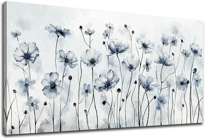 VEAEE Framed Flowers Canvas Wall Art - Indigo Floral Canvas Pictures, Living Room Wall Decor, Botanical Canvas Prints Painting Abstract Artwork Bedroom Office Home Decor 20"x 40"