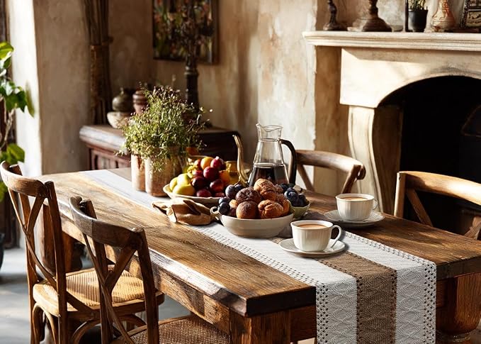 FEXIA Boho Table Runner for Fall Home Decor 12x90 Farmhouse Woven Runner | 90 Inches Long Farmhouse Kitchen Dining Room Macrame Burlap Table Decoration for Bridal Shower Pottery Barn Furniture