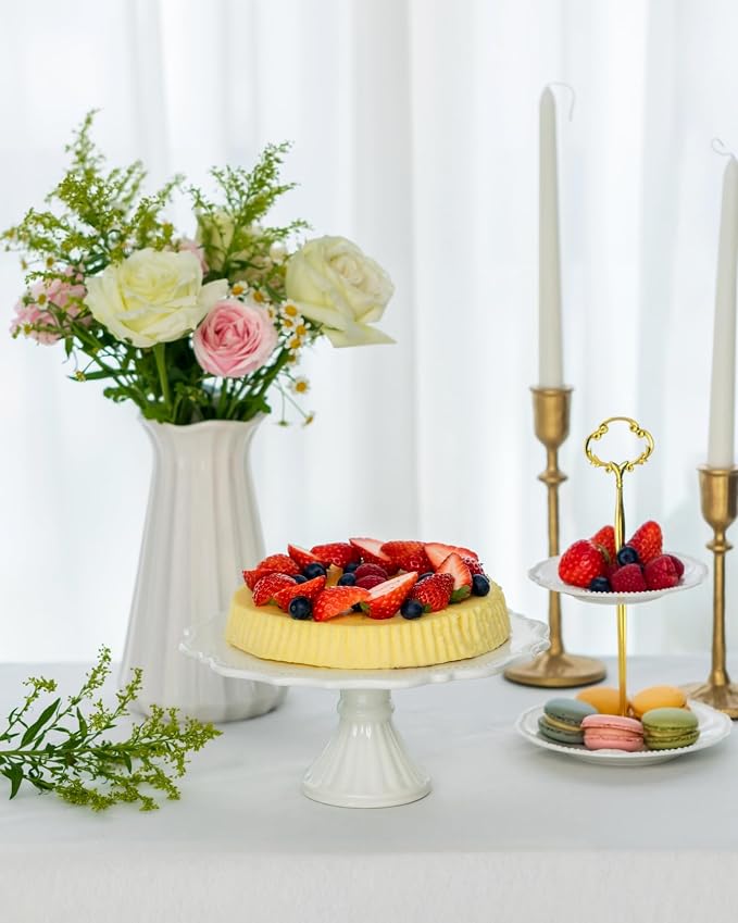 10 Inch Cake Stand, Relief Round Dessert Cake Stand for 8 Inch Cake | Ceramic Cupcake Stand for Birthday, Wedding, Baby Shower, Tea Party and Other Celebrations (White)