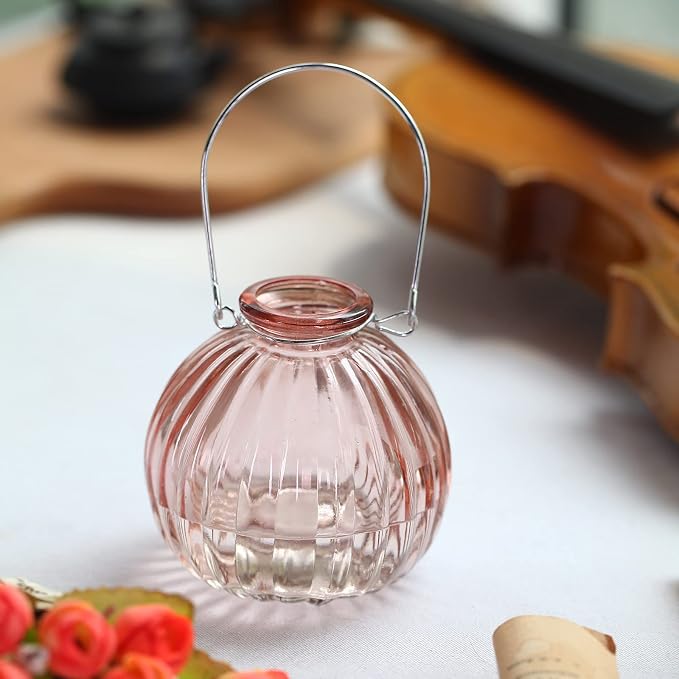 ELEGANTTIME Single Glass Bud Vase Pink Vases for Centerpieces Decor Glass Flower Vase Bottle with Crok Wire Iron Handle Design for Cafes, Office Table, Home and Garden