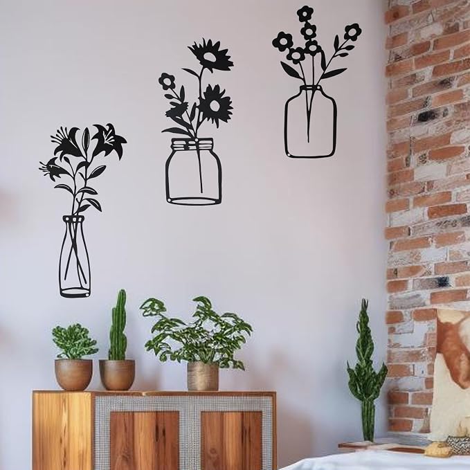QZGXDECO Black Metal Flower Wall Decor,Metal Vase Wall Art,Minimalist Floral Wall Sculptures,Hanging Decor for Kitchen Dining Room Living Room Bathroom Bedroom(11.5'' X 3PCS)