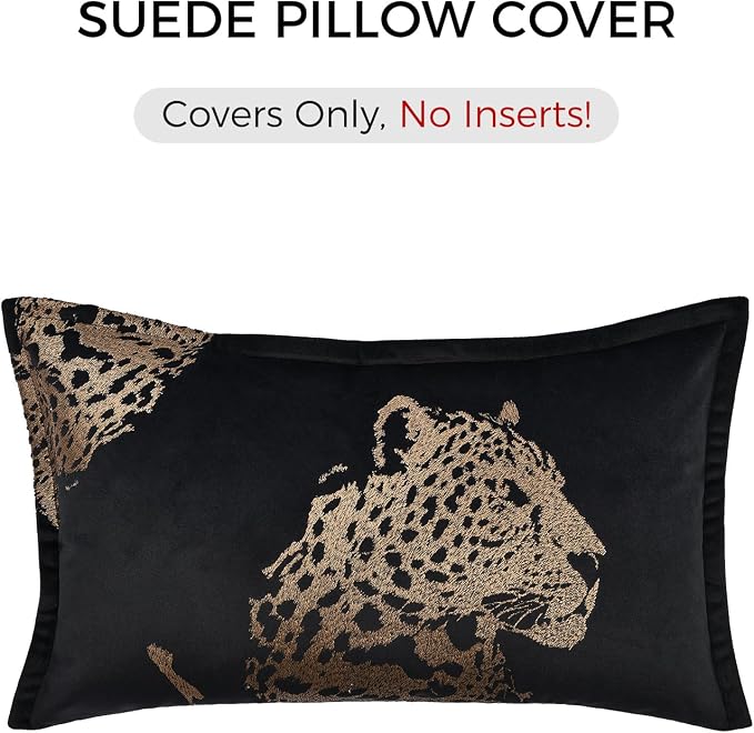 Luxury Black Velvet Lumbar Pillow Covers 12x20'' inches, Hand-Embroidered Brown Cheetah Face Decorative Throw Pillow Case, Modern Glam Home Accent with Hidden Zipper for Living Room