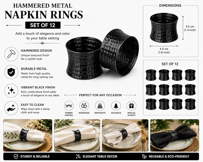 ITOS365 Black Napkin Rings Set of 12, Handmade Hammered Metal Napkin Ring Holders for Dining Table, Wedding, Parties & Everyday Table Decor
