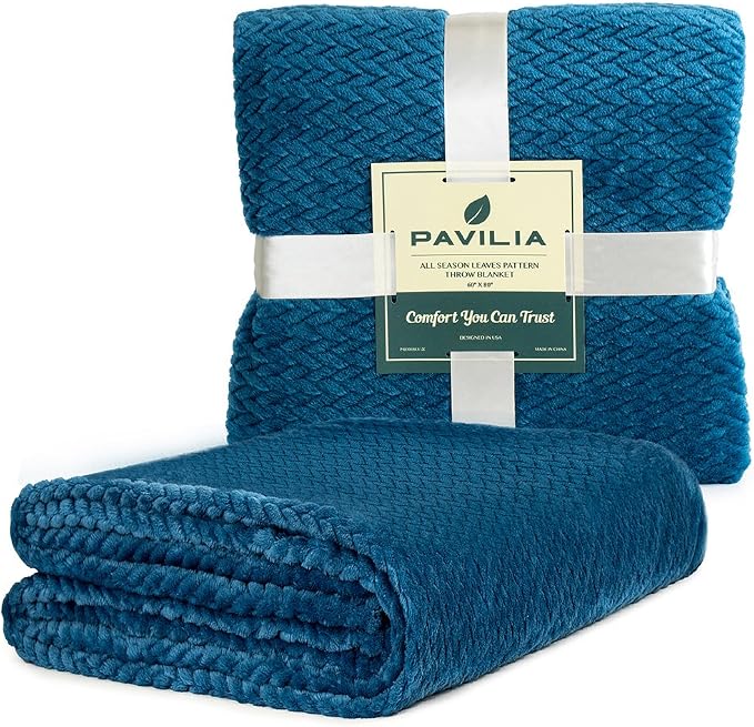 PAVILIA Soft Fleece Teal Blue Throw Blanket for Couch, Lightweight Plush Warm Blankets for Bed, Fuzzy Cozy Flannel Blanket Throw for Sofa, Travel, Jacquard Pattern, Teal Blue, Twin, 60x80 inch