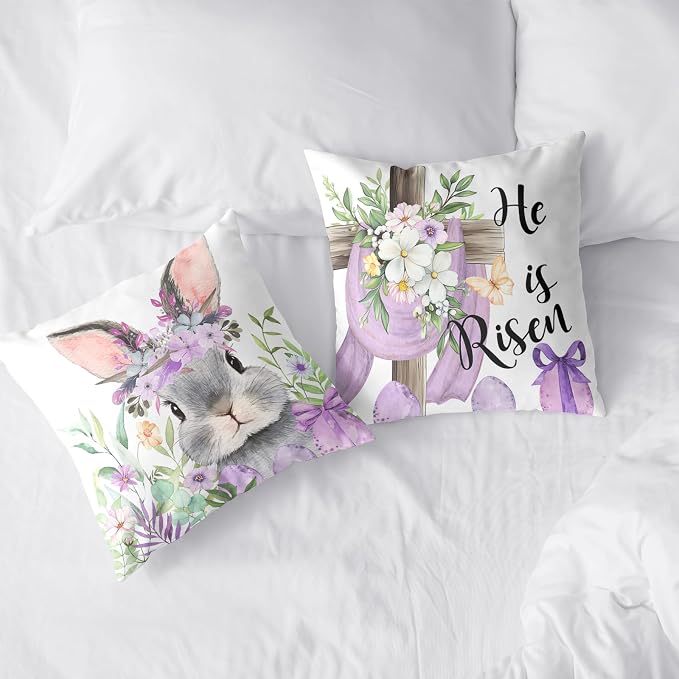 Purple Easter Bunny Pillow Covers 20x20 Inch Set of 2 Spring Decor
