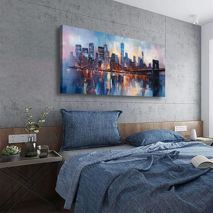 Abstraction Pictures Canvas Wall Art for Living room Office Bedroom Wall Decor,City Wall Art Print Paintings Modern Blue Great bridge Artwork Waterproof Ready to Hang-20x40inch