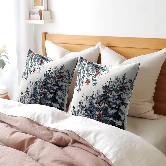 Christmas Tree Throw Pillow Covers 22x22 Inch Set of 2 Winter Watercolor Blue Grey Pine Trees Berry Bells Birds Decorative Pillowcase Xmas Holiday Cotton Linen Cushion Cover for Home Sofa Couch Patio