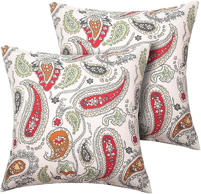 Magpie Fabrics Pack of 2 Outdoor Waterproof Throw Pillow Covers 18 x 18 Inch, Christmas Decorative Cushion Sham Pillowcase Shell for Garden Patio Tent Balcony Couch Sofa(Paisley Red Beige)