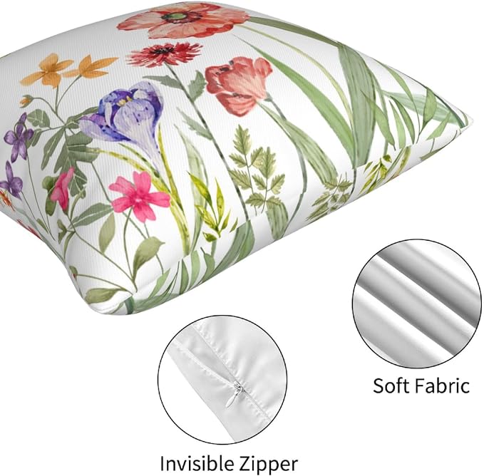 Spring Floral Throw Pillow Covers 18x18 inch Set of 4 Butterfly Pillow Cases Wildflower Farmhouse Decorative Cushion Covers for Sofa Couch