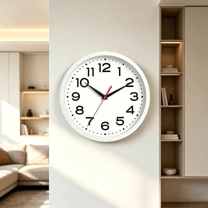 Roymnie 10 Inch Wall Clock, Battery Operated Silent Non Ticking White | analog wall clock; bold numerals for easy reading; silent non-ticking; 1 AA battery (not included); for classroom
