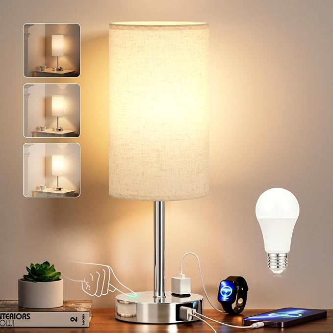 White Touch Table Lamp for Bedroom - Bedside Desk Lamp for Dorm Study