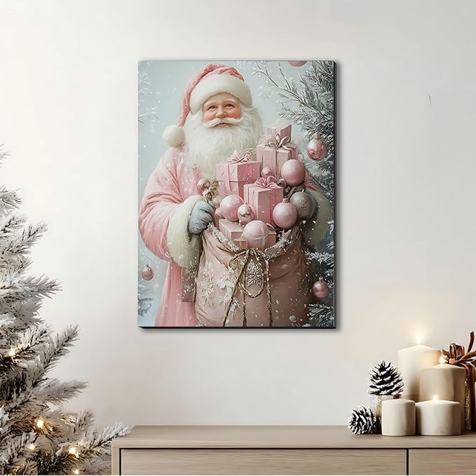 Pink Christmas Canvas Wall Art 16x24, Santa Elegant Pictures for Girls Bedroom And Festive Party Wall Decorations, Christmas Gift for Womens, Framed Painting Ready to Hang