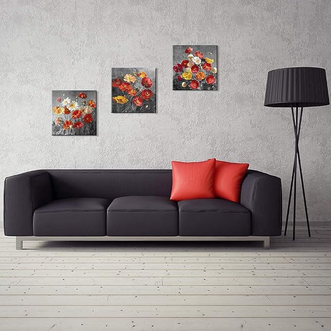 Burnt Orange Poppy Wall Art Bedroom Flower Pictures Wall Decor Wildflower Paintings Daisy Poppies Posters Black and Grey Botanical Canvas Prints Artwork for Living Room Home Decorations 12x12" 3 Piece