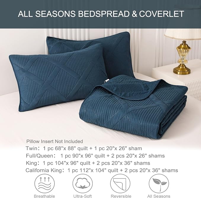Exclusivo Mezcla Quilt King Size, Navy Blue | Soft Bedspreads with 2 Pillow Shams, Modern Striped Pattern, Lightweight Bedding Set Coverlets for All Seasons, 104x96 Inch