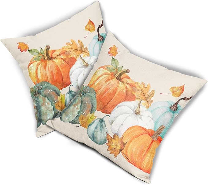 Kawani Fall Pillow Covers 24x24 Set of 2 Watercolor Pumpkin Maple Leaf Throw Pillow Covers Autumn Thanksgiving Farmhouse Outdoor Pillowcases Cotton Linen Cushion Covers for Couch Decor