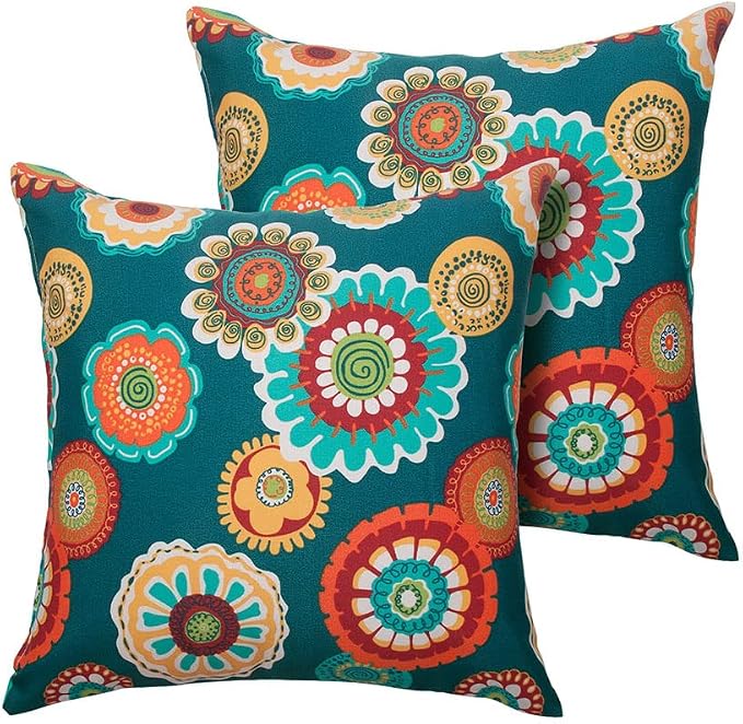 Magpie Fabrics Pack of 2 Outdoor Waterproof Throw Pillow Covers 18 x 18 Inch, Christmas Decorative Cushion Sham Pillowcase Shell for Garden Patio Tent Balcony Couch Sofa(Floral Green)