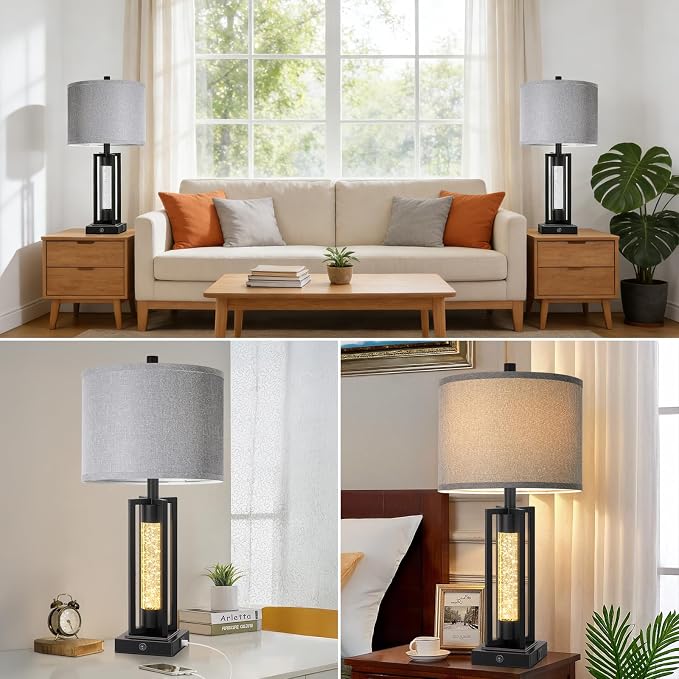 TOBUSA 26" Black Farmhouse Table Lamps Set of 2 with Crystal Night Light