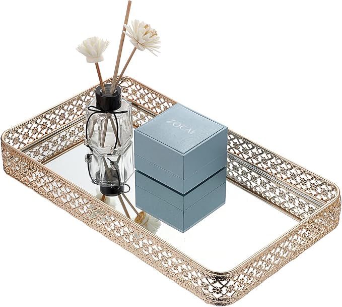 ELLDOO Gold Mirror Glass Perfume & Makeup Vanity Tray, Large Size