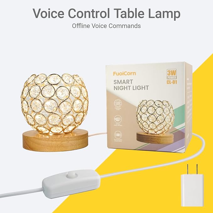 Crystal Mood Table Lamp, Voice Control K9 Glass Sphere Light, Wood Base