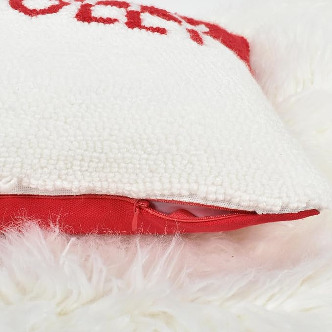 Holly Jolly Christmas Pillow Covers, 12x20, Hooked Wool Embroidered Throw Pillows for Home, Red & White
